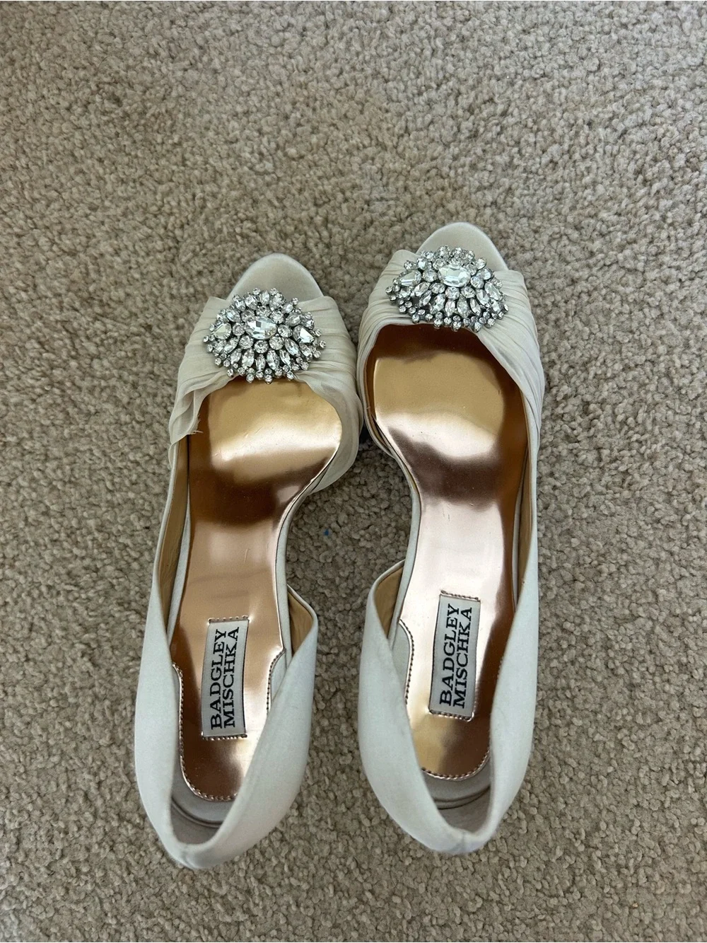 Badgley Mischka Ivory Satin Peep-Toe Heels with Crystal Brooch